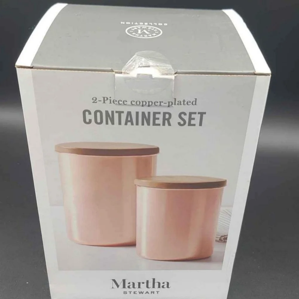 Martha Stewart 2 piece copper plated container set NEW heavy WALNUT LID - Picture 2 of 4
